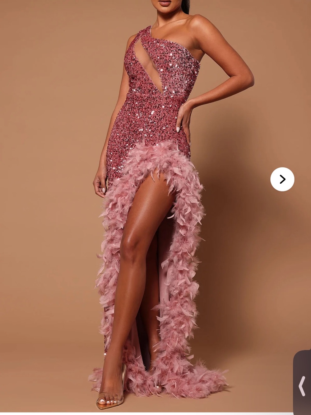 Embellished One-Shoulder Feather-Trim Gown in yellow